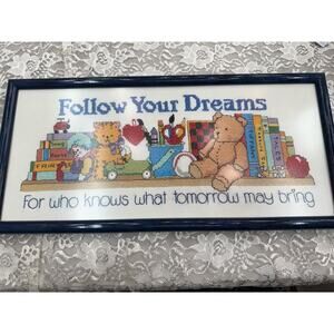 Vintage Framed Matted Cross Stitch Follow Your Dreams Teacher Cottage Farmhouse